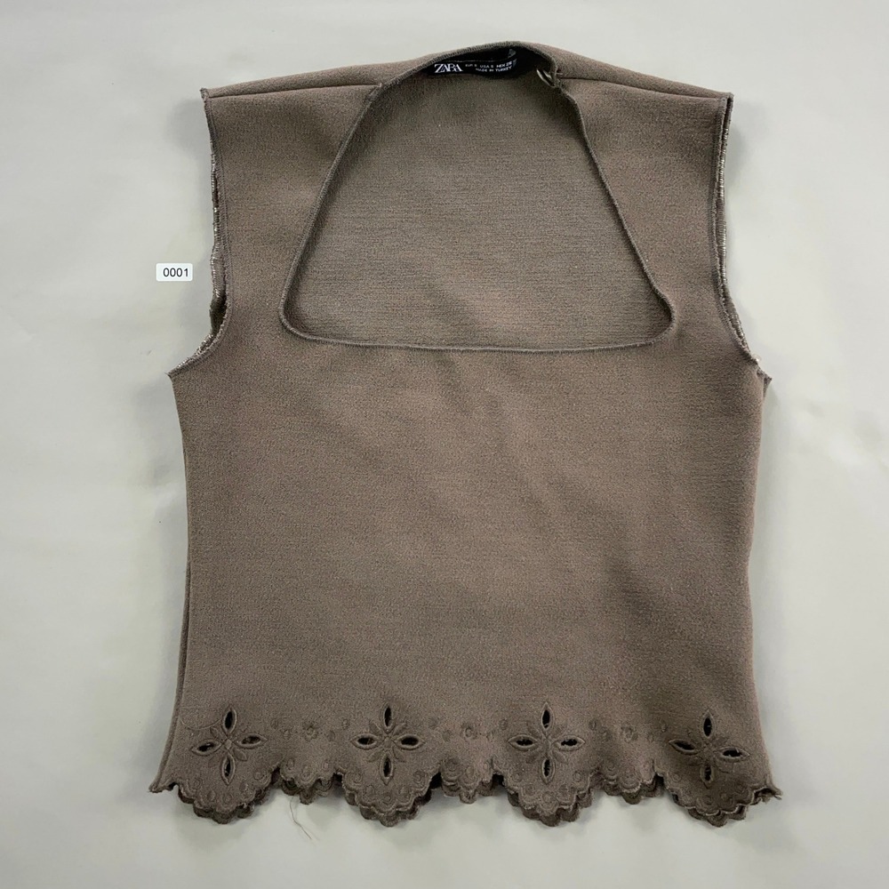 Zara Womens Small Taupe Brown Square Neck Eyelet Scallop Hem Sleeveless Knit Top
